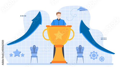 Man stands in front of a trophy with two upward arrows. Suitable for success, achievement, growth, and recognition concepts visuals.