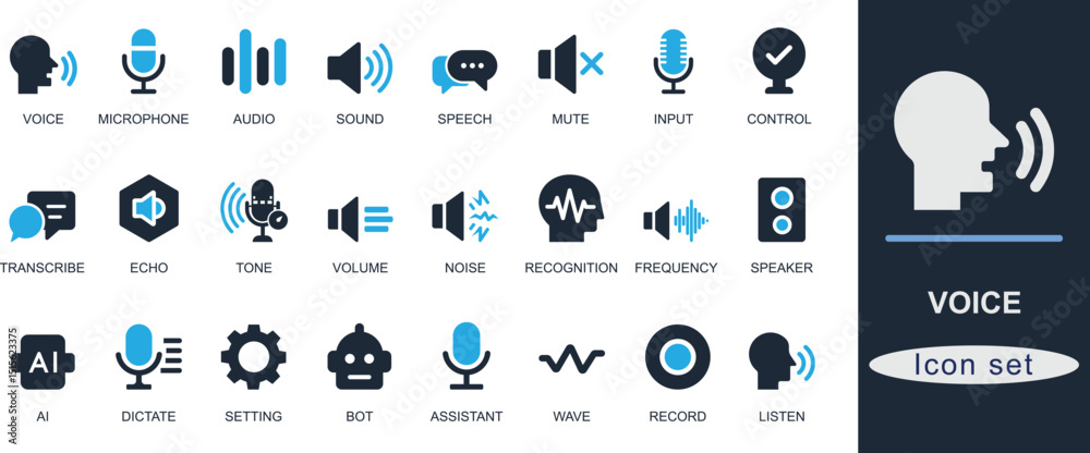 Foto Solid black voice control icon set with microphone, sound, speech, AI, command, input, mute, assistant, and audio