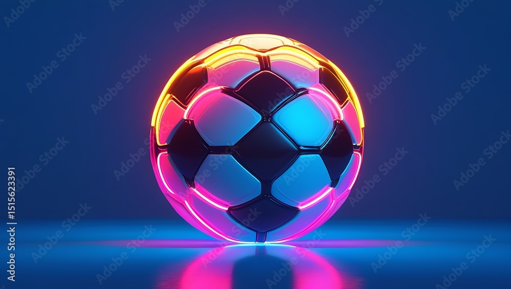 Fototapeta premium Neon Glowing Soccer Ball on Blue Background