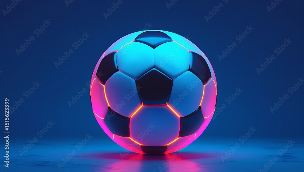 Fototapeta premium Abstract glowing neon colored soccer ball over blue background