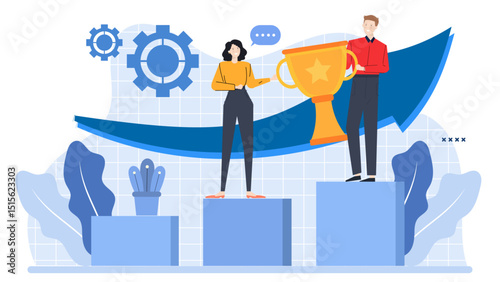 Man and woman pose with trophy on blue platforms, suitable for achievement, teamwork, success, victory concept designs in business industry.