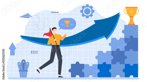 Man runs up blue arrow with flag towards gold trophy. Success, achievement, motivation, competition, celebration, victory, progress concept illustration.
