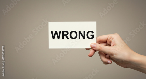 A hand holds a white card with the word wrong written on it against a plain beige colored background