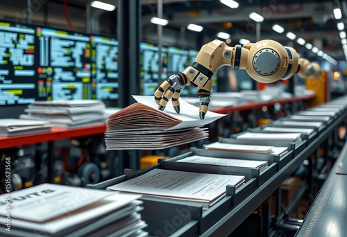 Automated workflow, robotic arm sorting documents, gears, data flow,  industry,  manufacturing