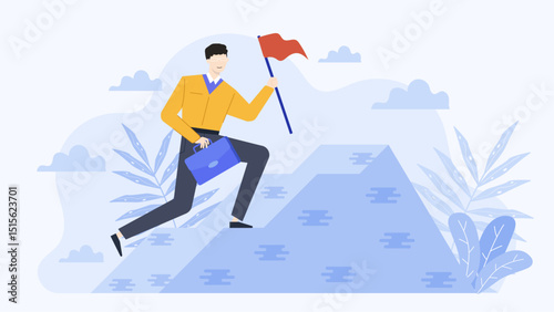 Man climbs a mountain with a red flag and a briefcase, suitable for business success, determination, leadership, overcoming challenges concepts.