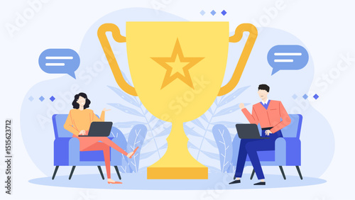 Two people in blue chairs by gold trophy. Suitable for celebrating success, teamwork, competition, awards, recognition, achievement, victory concepts.