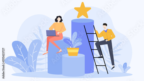Illustration of a woman on a laptop and a man climbing a ladder to reach a star. Suitable for business growth concepts. Technology, aspirations, teamwork, success, achieving goals.