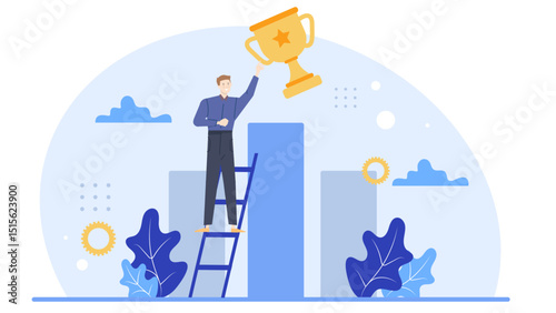 Man on ladder reaching for trophy. Success concept for business, achievement, goal setting, motivation, aspiration, competition, and winning strategy.