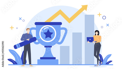 Two people surrounded by a blue trophy and a chart; ideal for business success, teamwork, achievement concepts in presentations.