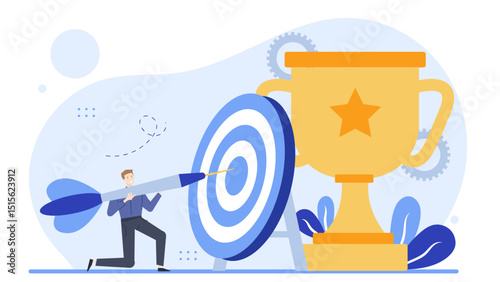 Man throws dart at a target for a trophy. Ideal for sports, competition, success, achievement, aiming, goal setting, and winning concepts.