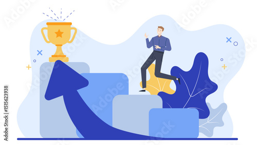 Man climbing blue and grey staircase for golden trophy. Achievement, success, motivation, competition, goal reaching concept for business or personal growth.