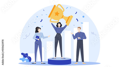 Woman holds trophy with two celebrating; perfect for victory, success, teamwork, and achievement concepts in marketing and advertising material.