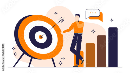 Success concept with a man hitting bullseye target, suitable for business, achievement, goalsetting, and archery themes in design projects.