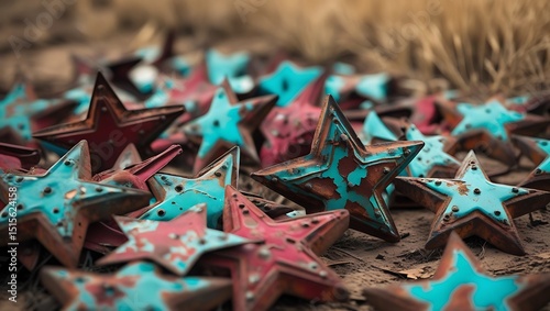Close-Up of Aged Rusty Stars on Worn Ground photo