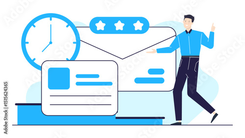 Businessman with email, clock, card, and stars. Ideal for marketing strategies, time management concepts, business communications, and productivity tips.