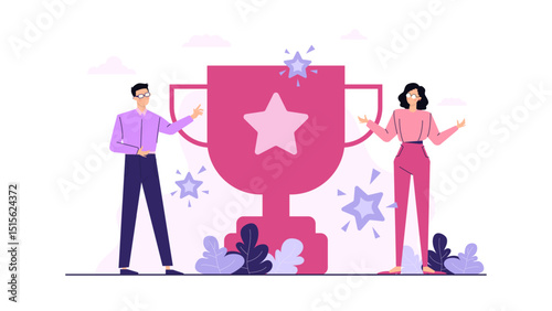 Two people standing with pink trophy and star; suitable for celebrating accomplishments, teamwork, victory, success, recognition, awards, and achievement.