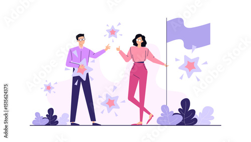 Man and woman jubilantly celebrate victory with stars and a flag, ideal for representing achievement, teamwork, patriotism, and success.