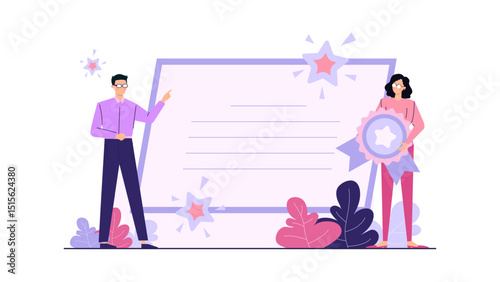 Two people admiring an achievement certificate with stars, suitable for celebrating success, graduation, recognition, or teamwork in business or education.