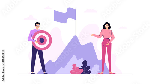 Two people conquering a mountain with determination and purpose, aiming for success and achieving their goals. Suitable for motivation and success concepts.