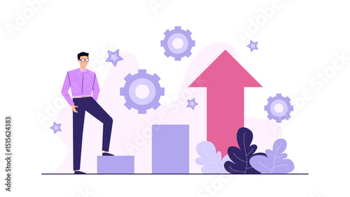 Businessman ascending stairs symbolizing progress, growth, success. Ideal for business presentations, motivation materials, career development concepts, financial goals.