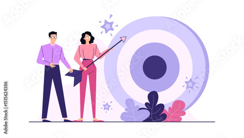 Two people aim arrow at target in teamwork concept. Suitable for business goals, performance improvement, teamwork and precision themes.