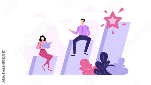teamwork success reach the target illustration, man and woman sot on chart illustration