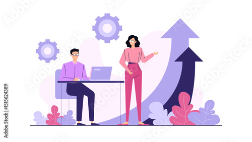 Professional setting with a woman standing and a man sitting at a desk. Ideal for business/office concept designs and presentations.