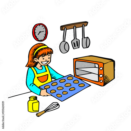 child cooking in the kitchen. Little girl cook in the bakery. Vector black and white coloring page. Baker child cooking in the bakery. A little girl baking in the kitchen.