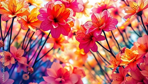 Vibrant blooms, tilted perspective, abstract watercolor wash,  splash,  abstract