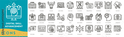 Digital Skill Advancement  icon set. Code Learning, Tech Growth, Skill Boost, Digital Training, Online Course, Tech Workshop, Coding Bootcamp and Software Skills