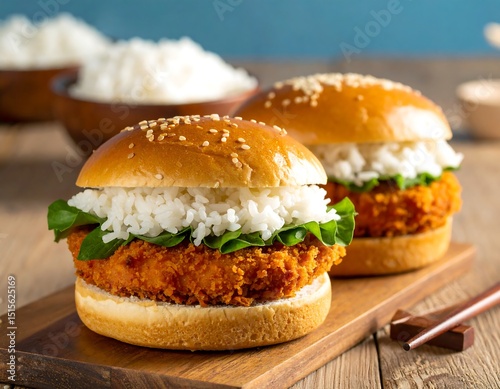 Two rice burgers on a wooden board
