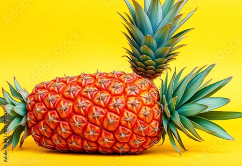 A vibrant pineapple sits alone against a sunny yellow backdrop,   clean background,   studio photography