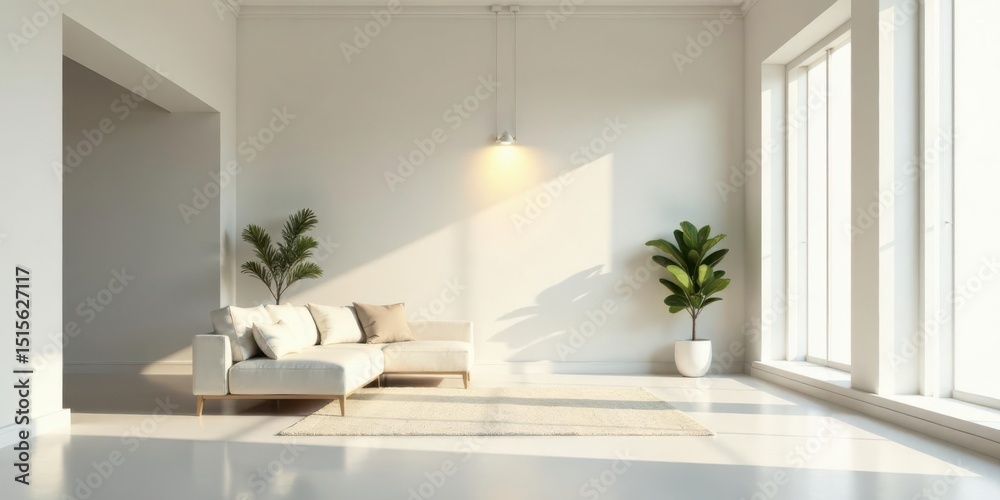 Fototapeta premium Serene Minimalist Living Room Interior Design with Natural Light and Modern Furniture