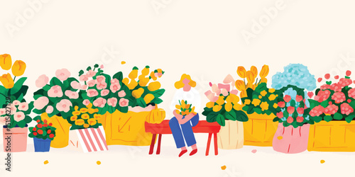 An illustration depicts a florist at a vibrant flower market, surrounded by an array of fresh blooms. The artist evokes the colors and the emotion of the flower itself. 