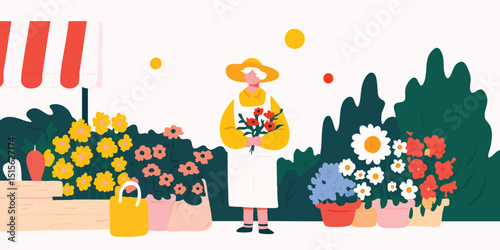 A florist standing proudly beside her vibrant flower stall, surrounded by colorful blooms and fresh greenery, creates a cheerful and inviting atmosphere.