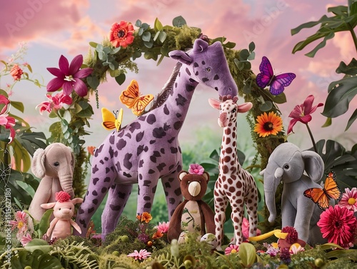 Plush animal toys in a floral jungle scene