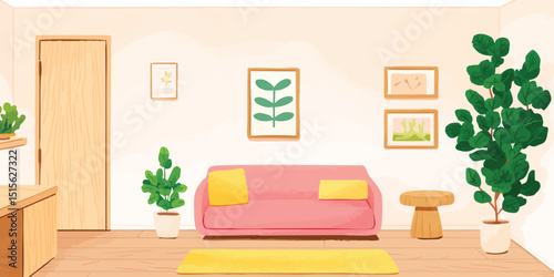 A cozy, inviting living space is brought to life through digital artistry, offering a scene of tranquility, harmony and minimalist home decor, featuring a pink sofa, green plants.
