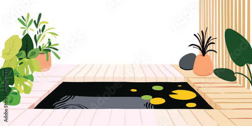 A serene minimalist garden oasis, blending natural elements with a modern design aesthetic, features a reflective pond and verdant plants. A tranquil illustration of a garden.