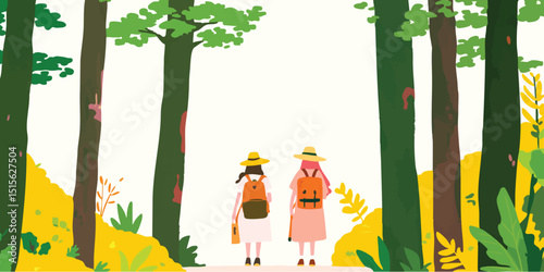 Two friends in a sunny forest, embarking on a summer adventure. They walk hand in hand, filled with anticipation for their outdoor excursion.