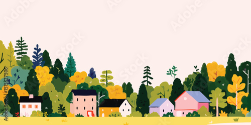 Charming village nestled amongst lush autumn foliage, houses with vibrant colors, peaceful countryside scene. 