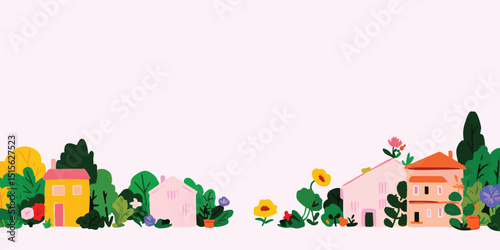 A charming village scene, with picturesque houses and lush greenery arranged artistically against a delicate backdrop. This artwork is evocative of idyllic charm.