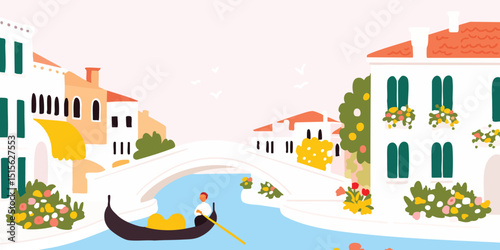 A picturesque gondola glides along a serene canal, framed by the charming architecture of Venice, a scene of timeless beauty.