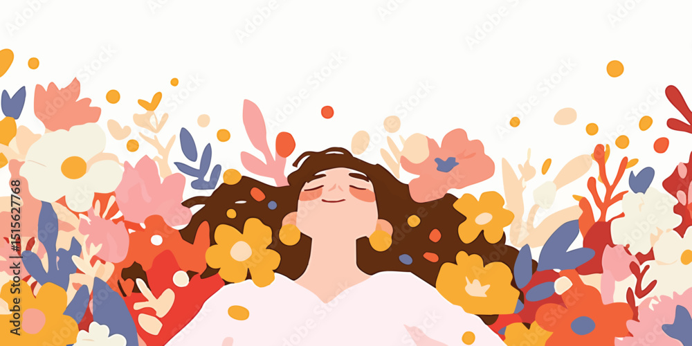 Obraz premium A carefree figure finds serenity amidst a vibrant floral embrace, embodying the bliss of relaxation, a moment of pure joy and peace. 