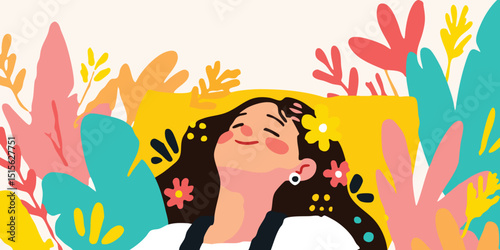 A woman lies peacefully amidst a vibrant floral garden, embracing tranquility. A colorful floral fantasy evokes peace and serenity.