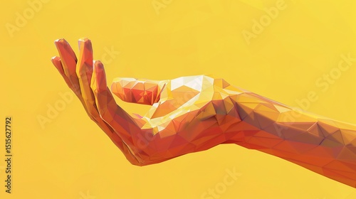 Polygonal hand outstretched against a vibrant yellow backdrop