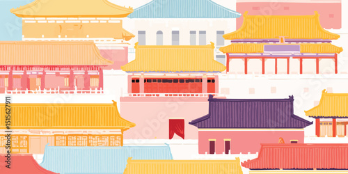 A vibrant illustration showcases a variety of stylized traditional architectural elements, evoking the essence of a historical cityscape.