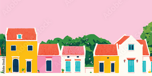 A picturesque scene, a row of colorful homes stand against a dreamy pink sky, evoking a sense of serene and peaceful small-town life. Capturing the idyllic charm of a close-knit community.
