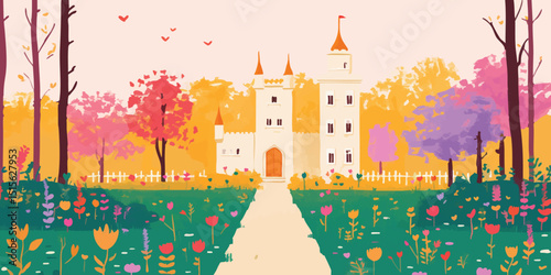 Enchanting illustration of a storybook castle nestled amid a vibrant, blossoming landscape, beckoning viewers into a world of fantasy and wonder. 