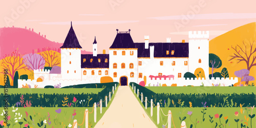 Majestic castle stands proudly, bathed in the soft hues of a picturesque scene, evoking a sense of history, grandeur, and fairy tale wonder.