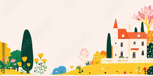 A whimsical illustration portrays a charming castle nestled amidst a vibrant landscape of flourishing trees and flowers under a gentle sky. 